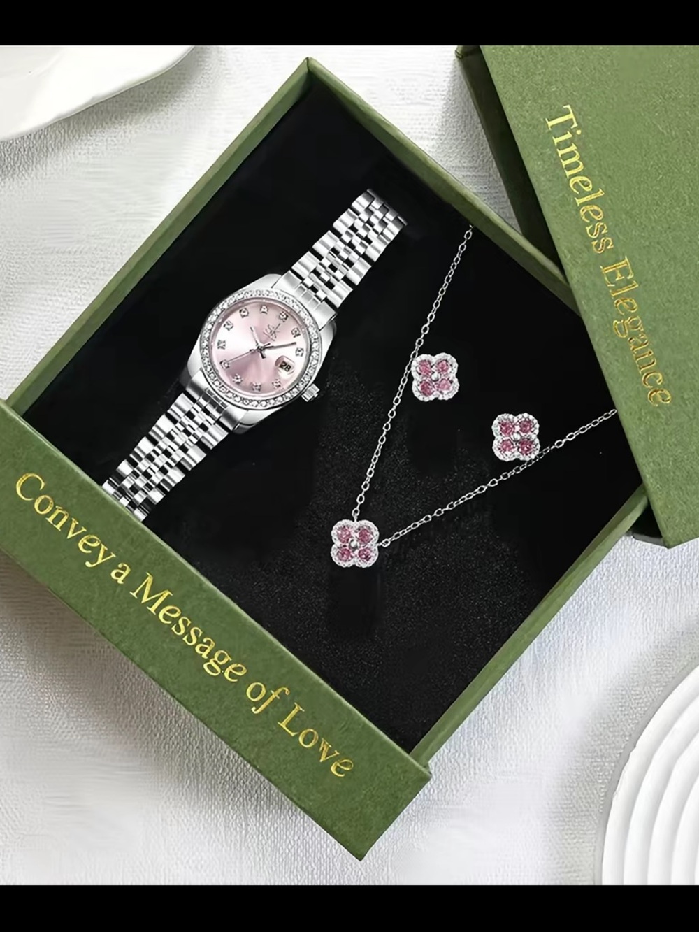 Silver Bracelet Watch with Pink Dial and Pink Floral Necklace Set